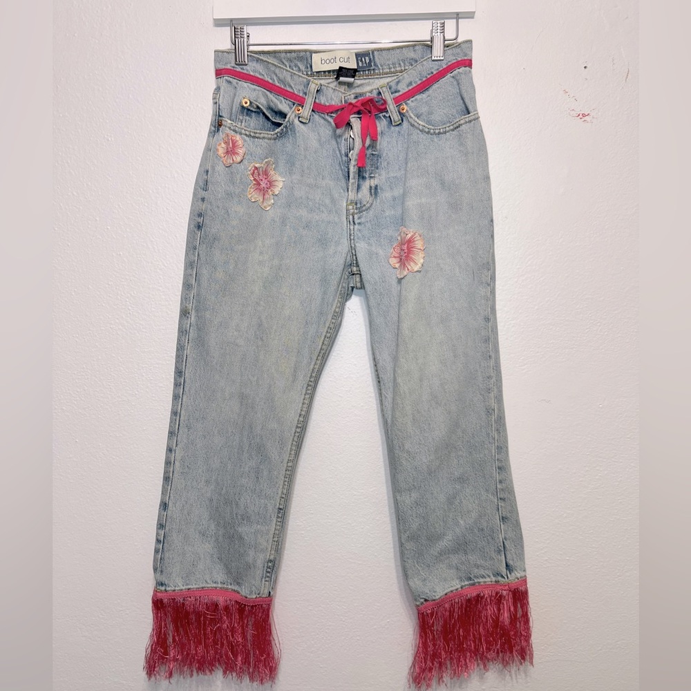 GAP Light Blue Jeans with Pink flowers and pink ribbon!